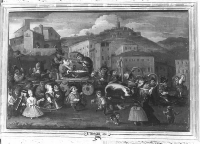  81-Faustino Bocchi-Scena carnevalesca con nani in piazza bresciana - Museo Morando Bolognini, Sant'Angello Lodigiano 